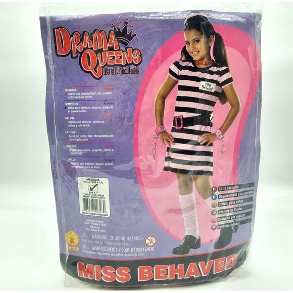 Miss Behaved Girls Costume 8-10 Pink Striped Prisoner Dress Convict Criminal Kid - Picture 1 of 3